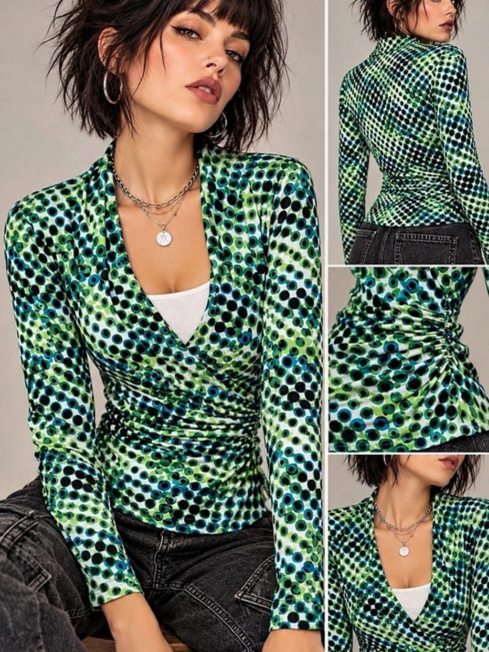 CHAUS Polka Dot Wrap Top in Green & Blue